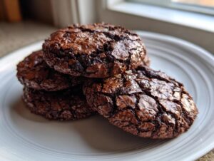 A stack of four rich, dark chocolate brownie cookies featuring signature shiny, cracked tops, resting on a white plate.