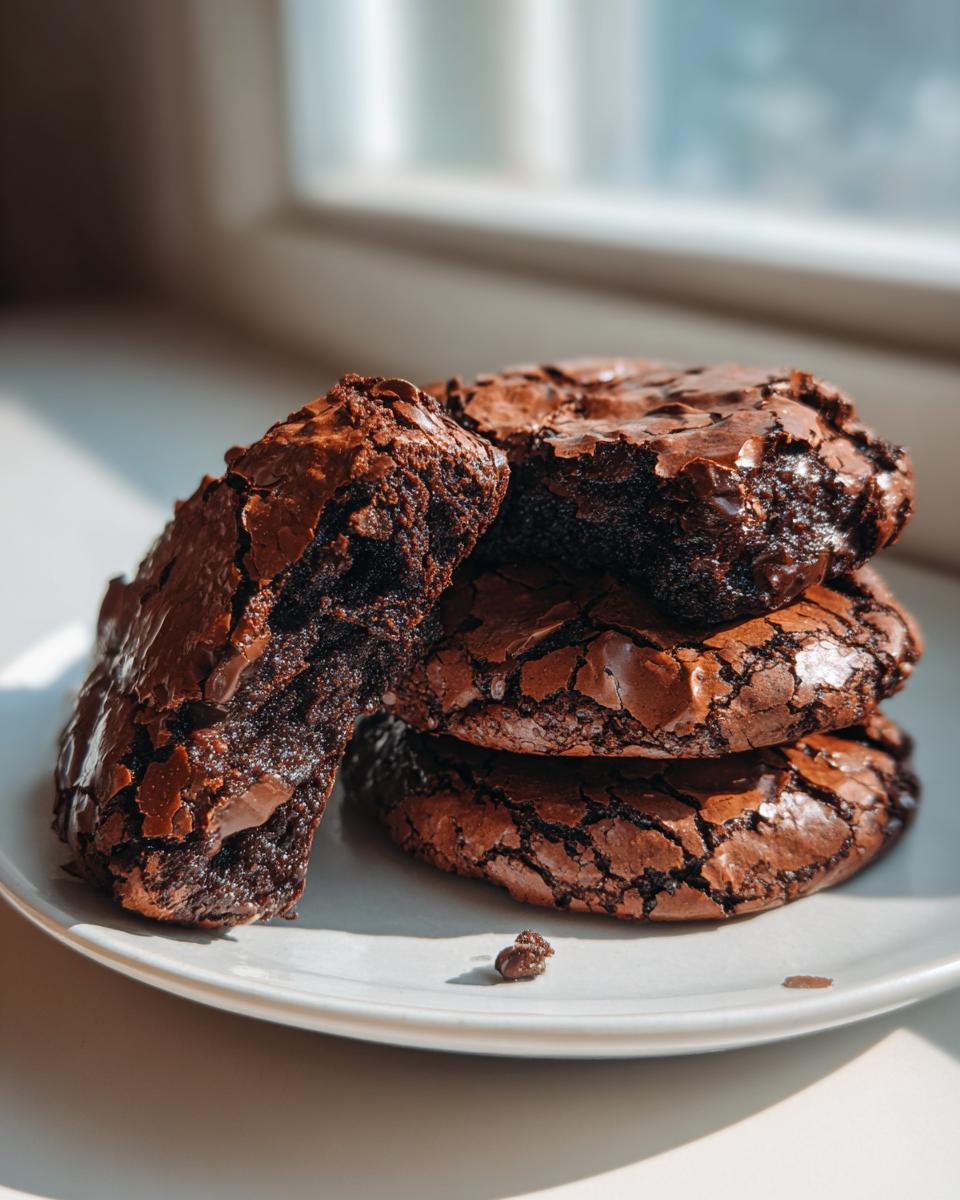 A stack of three fudgy chocolate brownie cookies, one broken open to show the gooey interior.