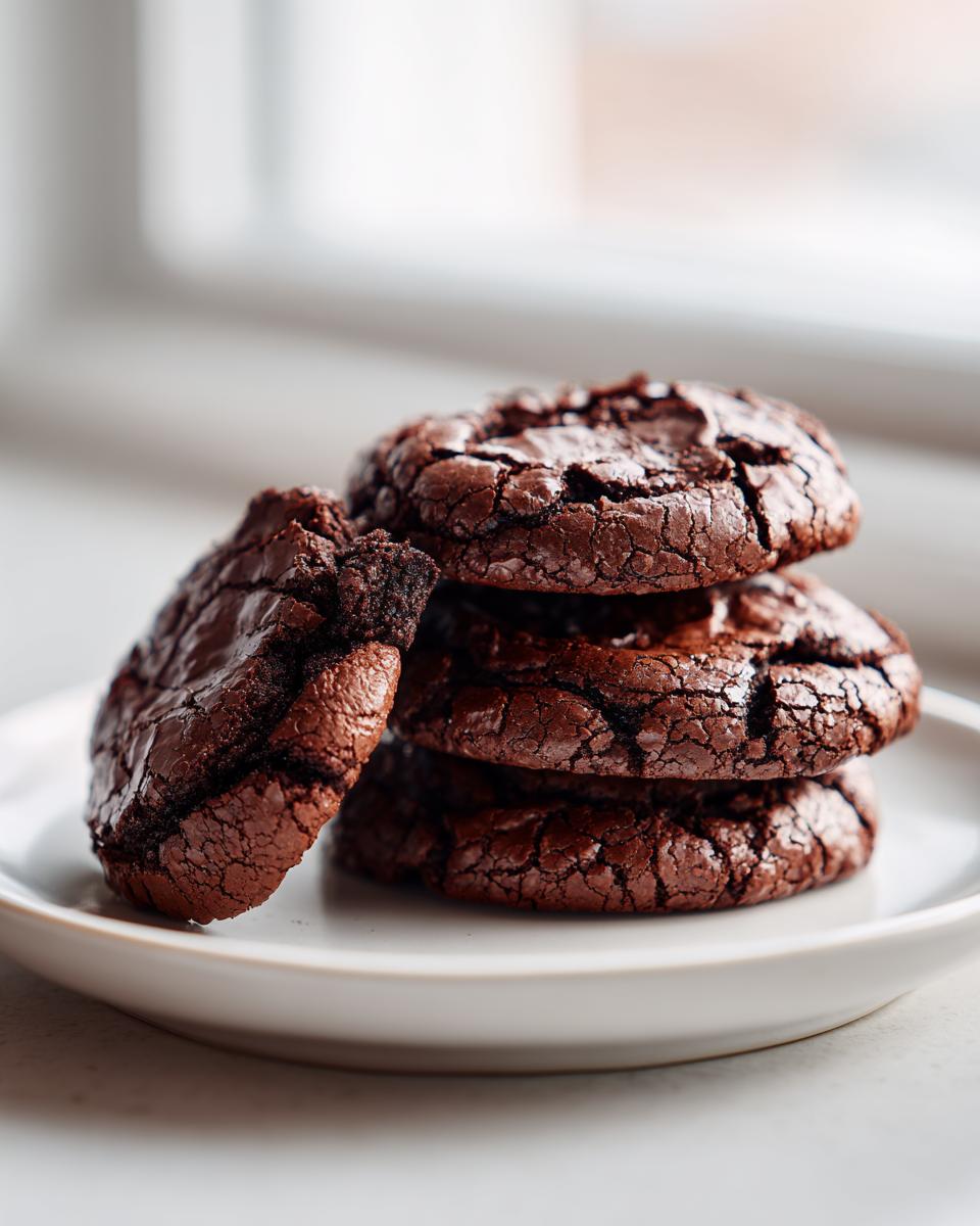 A stack of four rich, dark chocolate brownie cookies with crinkled tops, one broken piece visible, on a white plate.