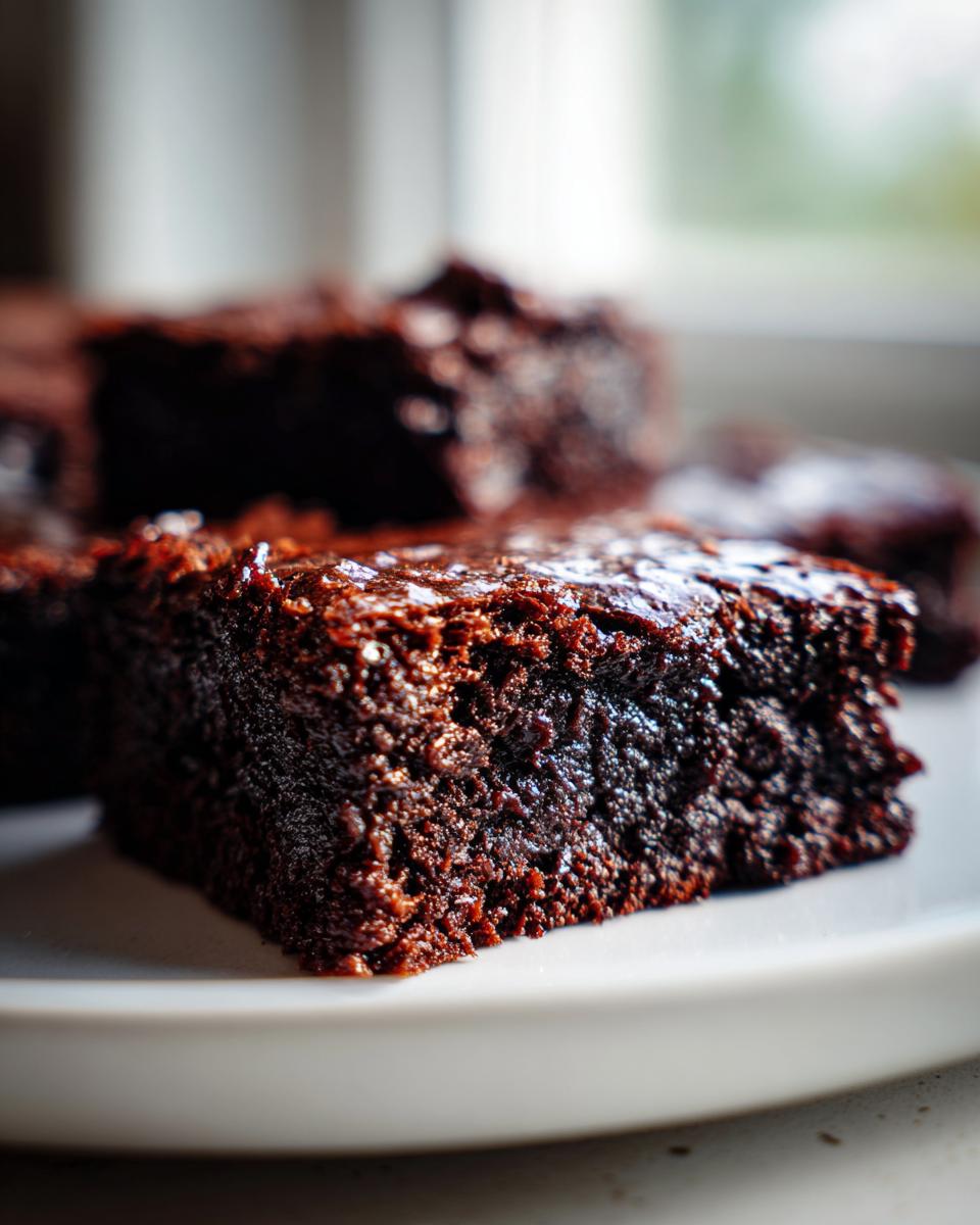 A close-up, macro shot highlighting the moist, fudgy texture of a freshly cut date brownies square on a white plate.