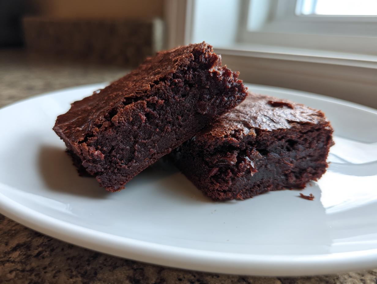 Close-up of two rich, fudgy date brownies stacked slightly on a white plate, showcasing their dense texture.