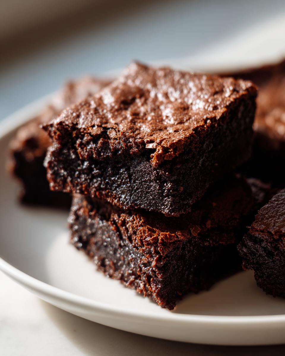 Close-up of stacked, fudgy date brownies showing their rich, dark texture on a white plate.