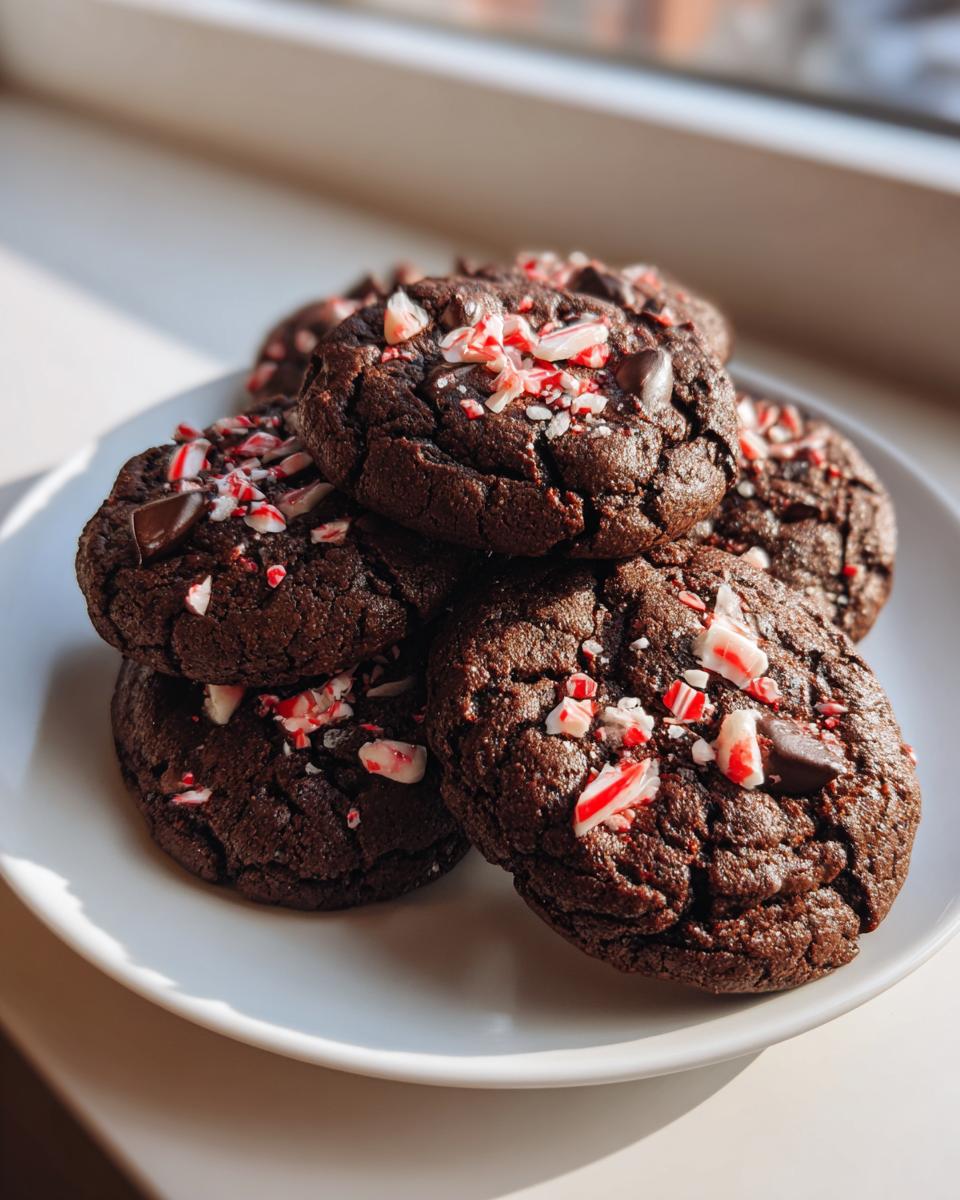 A stack of fudgy double chocolate peppermint cookies topped with crushed candy canes on a white plate.
