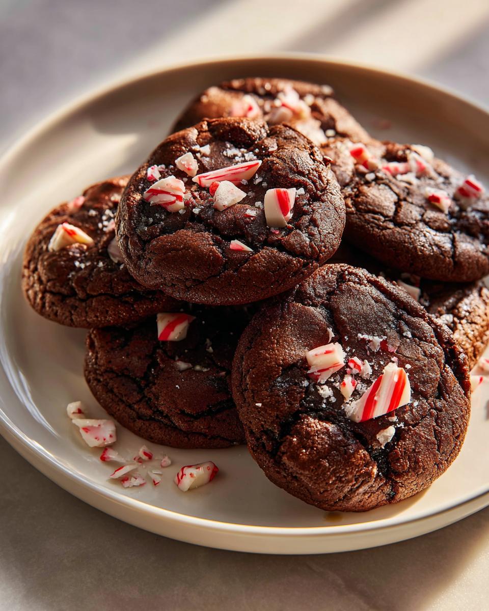 A stack of fudgy double chocolate peppermint cookies topped with crushed candy canes on a light plate.