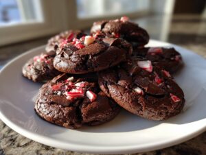 A stack of fudgy double chocolate peppermint cookies topped with crushed candy canes on a white plate.