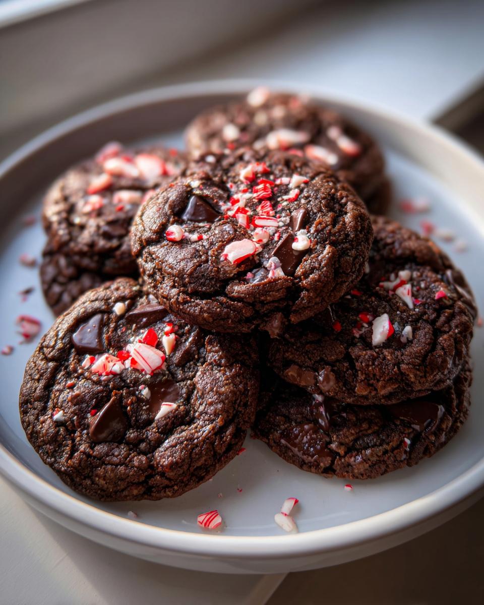 A stack of fudgy double chocolate peppermint cookies topped with crushed candy canes on a white plate.