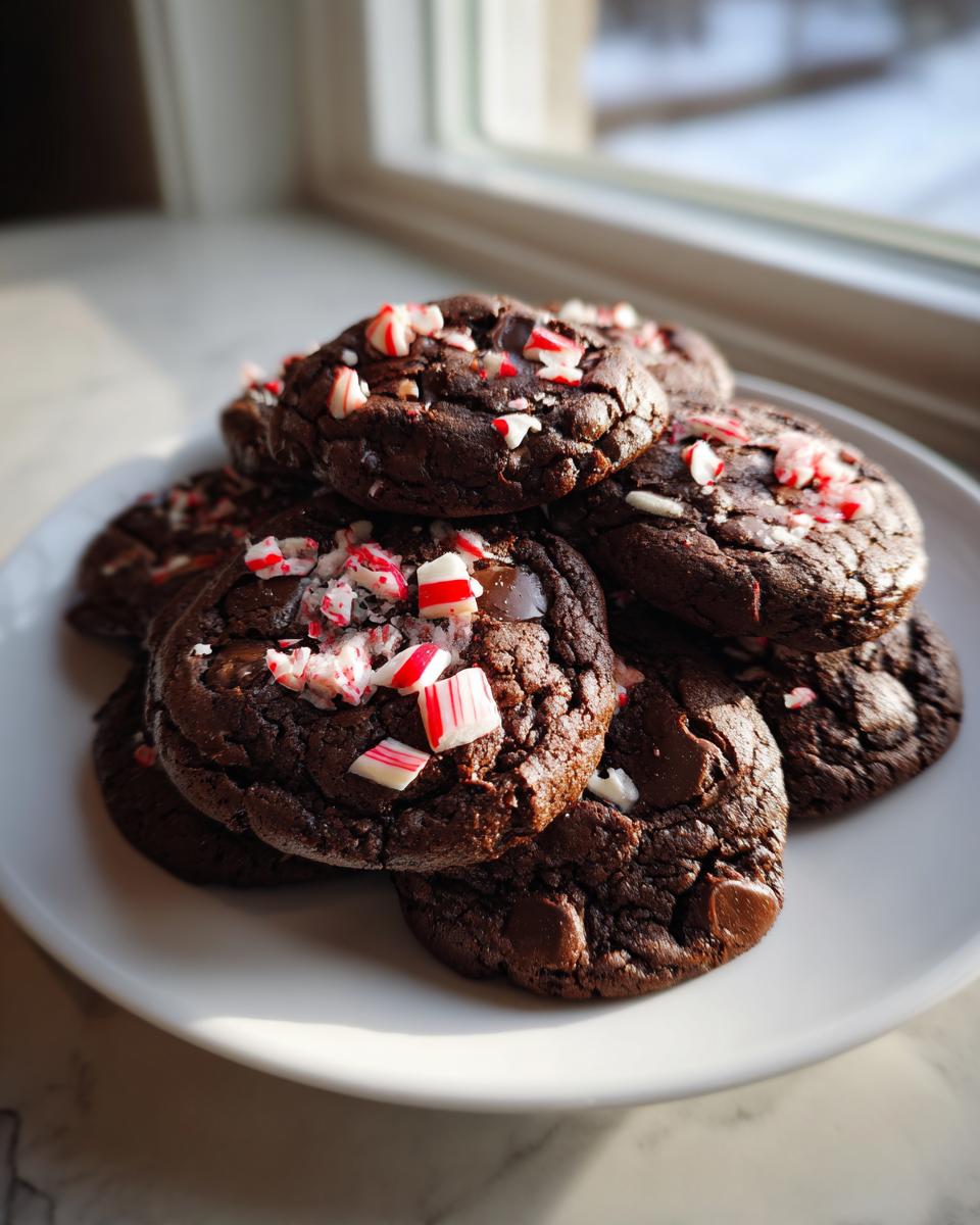 A stack of fudgy double chocolate peppermint cookies topped with crushed candy canes, sitting on a white plate near a window.