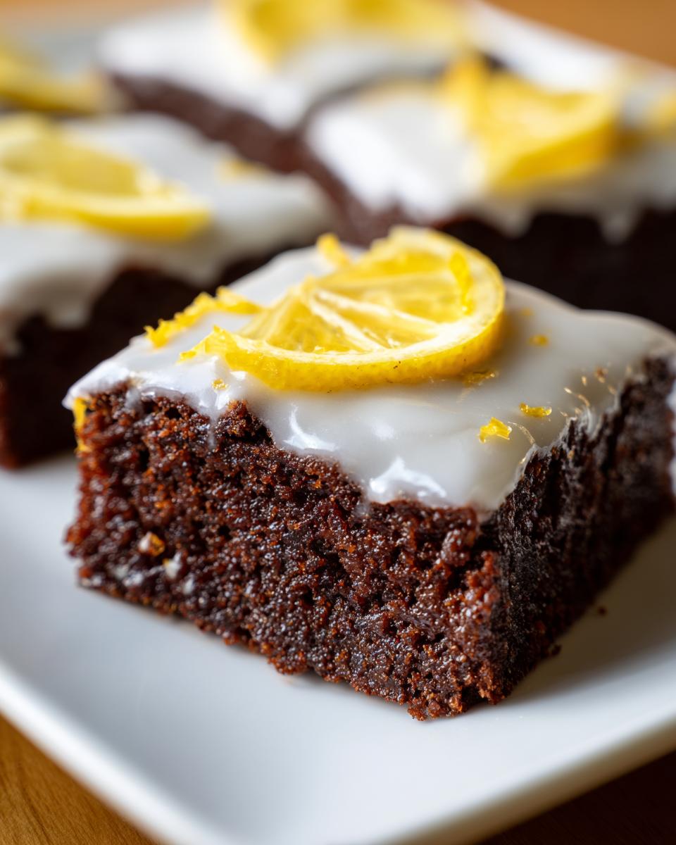 Close-up of a fudgy Lemon Brownies square topped with white glaze and a thin slice of lemon.