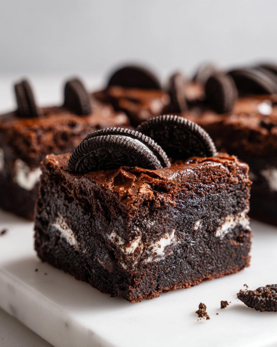 A close-up of a rich, fudgy Oreo brownie square topped with whole Oreo cookies.