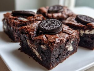 Close-up of fudgy Oreo brownies squares, featuring visible cream filling and topped with a whole Oreo cookie.