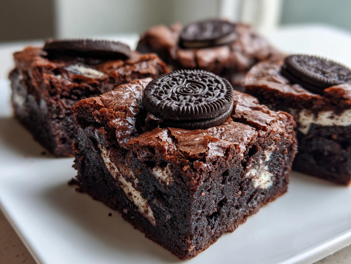 Close-up of fudgy Oreo brownies squares, featuring visible cream filling and topped with a whole Oreo cookie.