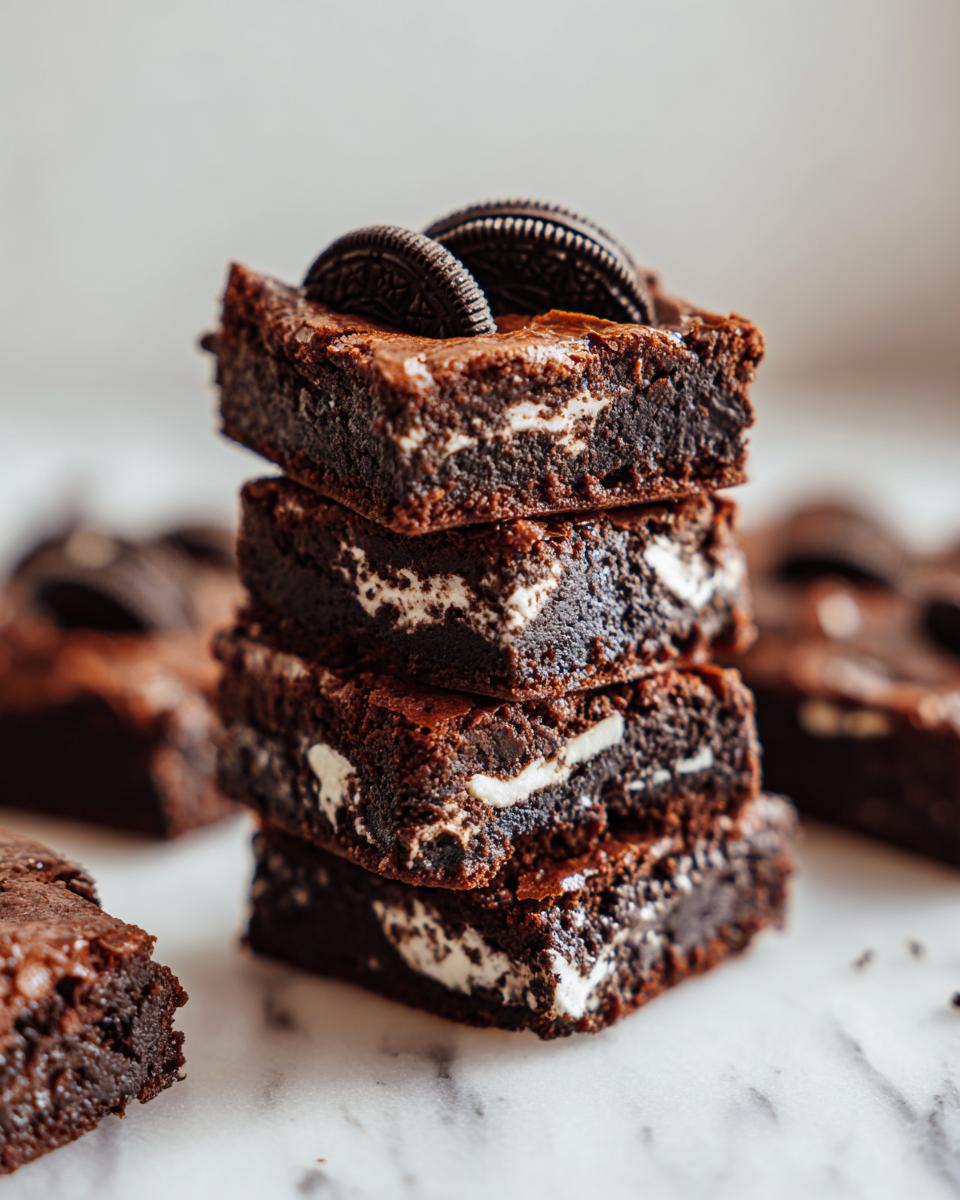 A stack of four fudgy Oreo brownies, showing the white cream filling and topped with whole Oreo cookies.
