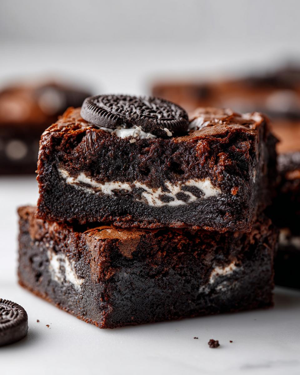 Two stacked, fudgy Oreo brownies showing a creamy white swirl filling and topped with a whole Oreo cookie.