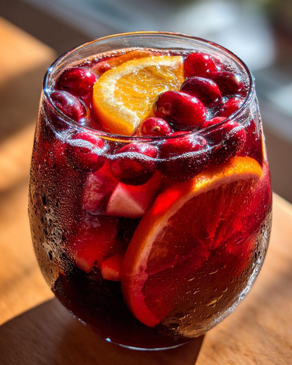 Close-up of a glass filled with chilled holiday sangria, garnished with bright orange slices and whole cranberries.