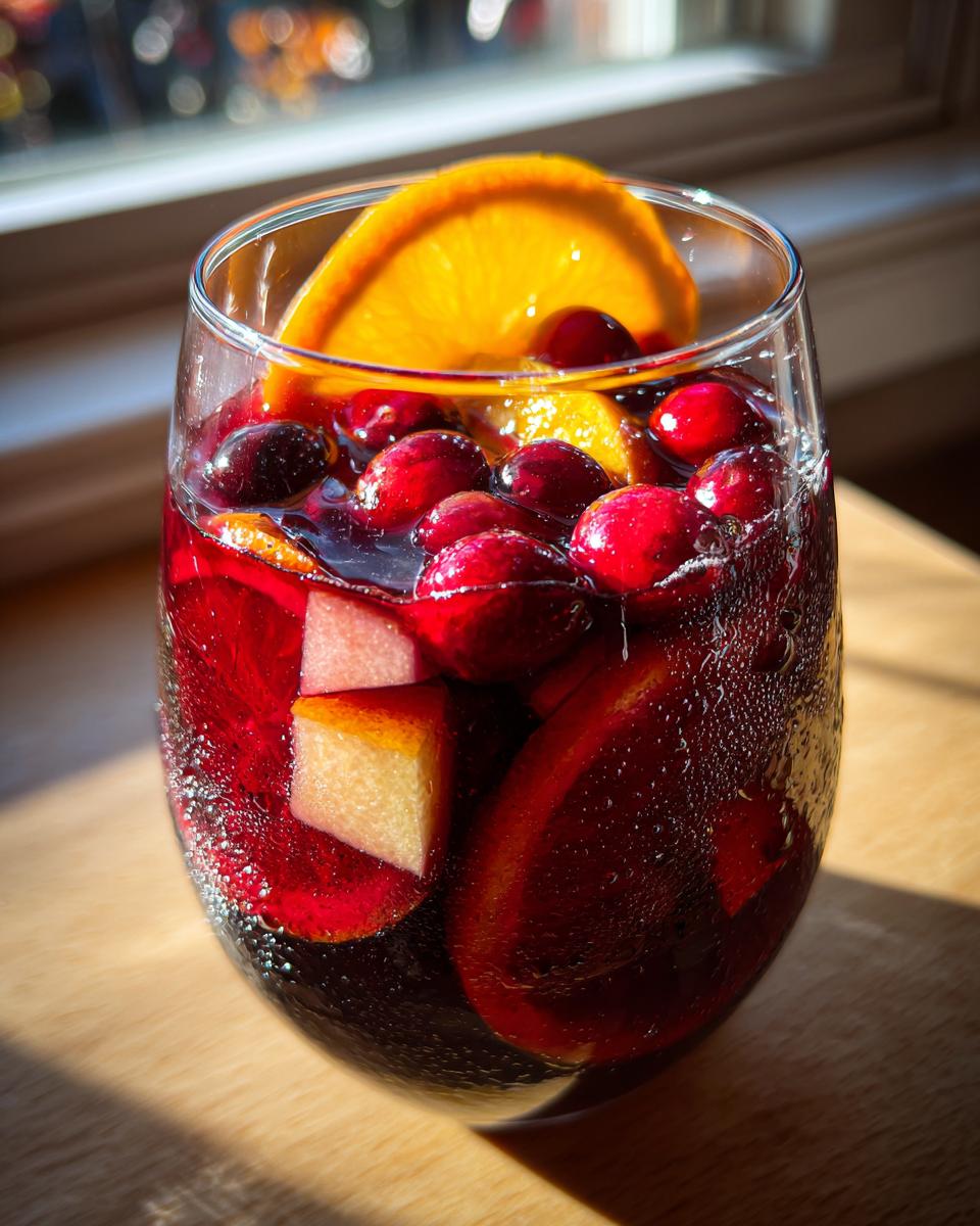 Close-up of a glass filled with vibrant red holiday sangria, loaded with cranberries, orange slices, and apple chunks.