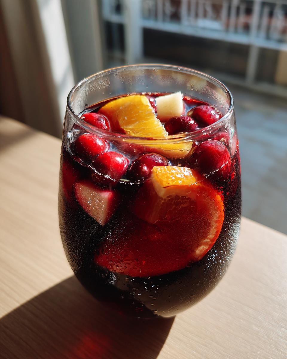 Close-up of a glass of cold holiday sangria filled with dark red wine, fresh cranberries, and orange slices.