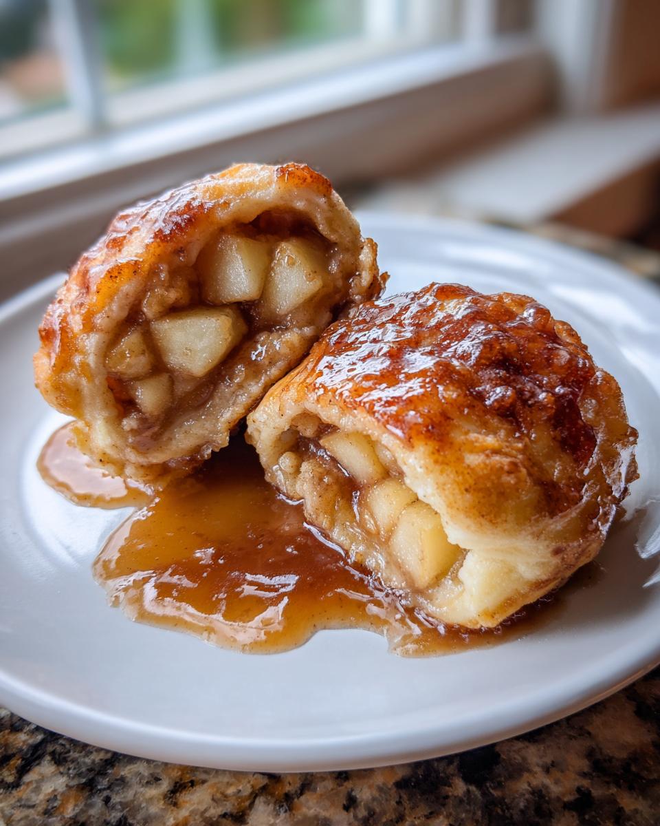Close-up of a baked apple dumpling cut in half, showing spiced apple filling and rich caramel sauce.