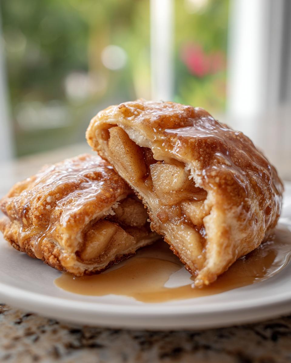 Close-up of a glazed apple dumpling cut in half, revealing spiced apple filling and caramel sauce.