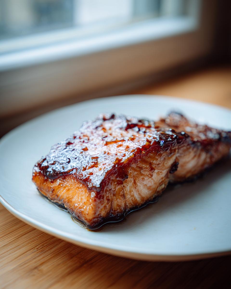 Close-up of a perfectly glazed fillet from the baked salmon recipe, resting on a white plate.