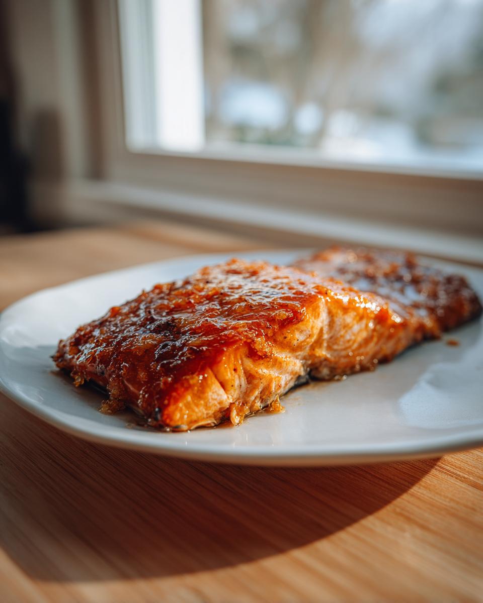 A close-up of a perfectly cooked, glazed salmon fillet from the baked salmon recipe, resting on a white plate.
