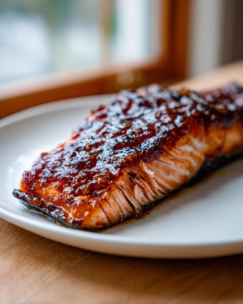 Close-up of a flaky, glazed fillet from a baked salmon recipe served on a white plate.