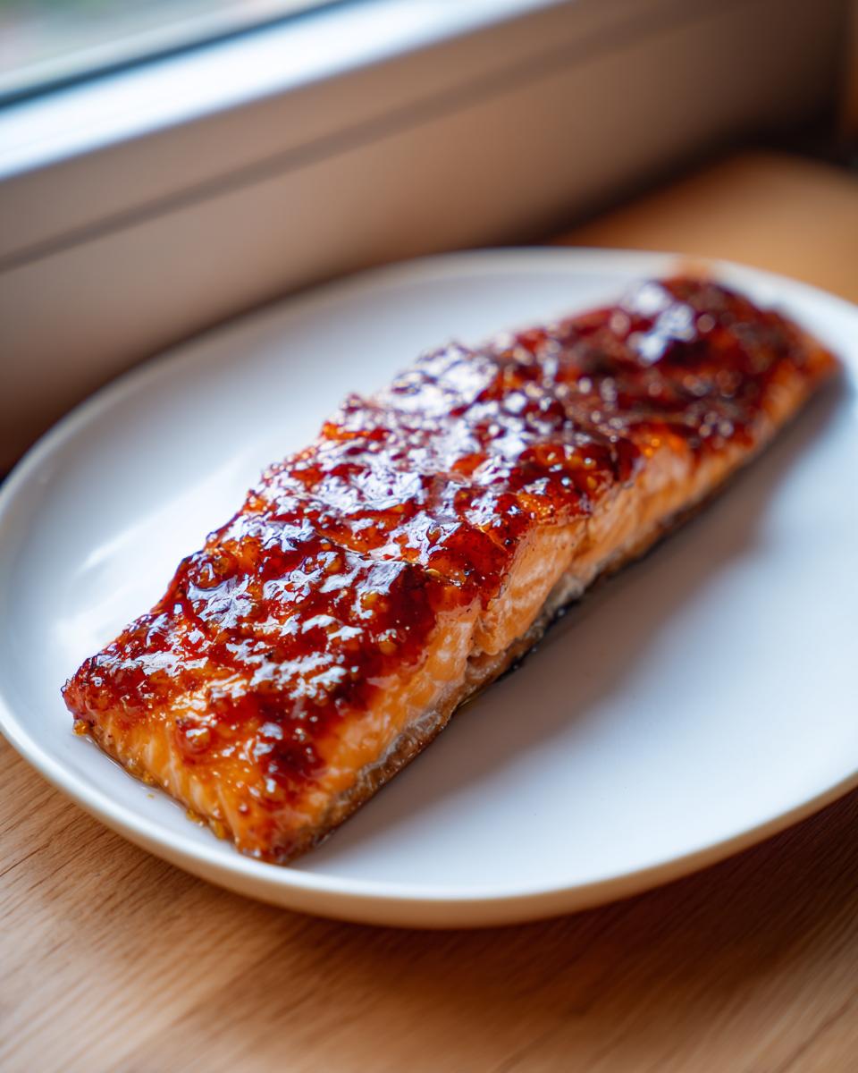 A perfectly cooked fillet of salmon with a shiny, dark orange glaze, ready for serving in this baked salmon recipe.