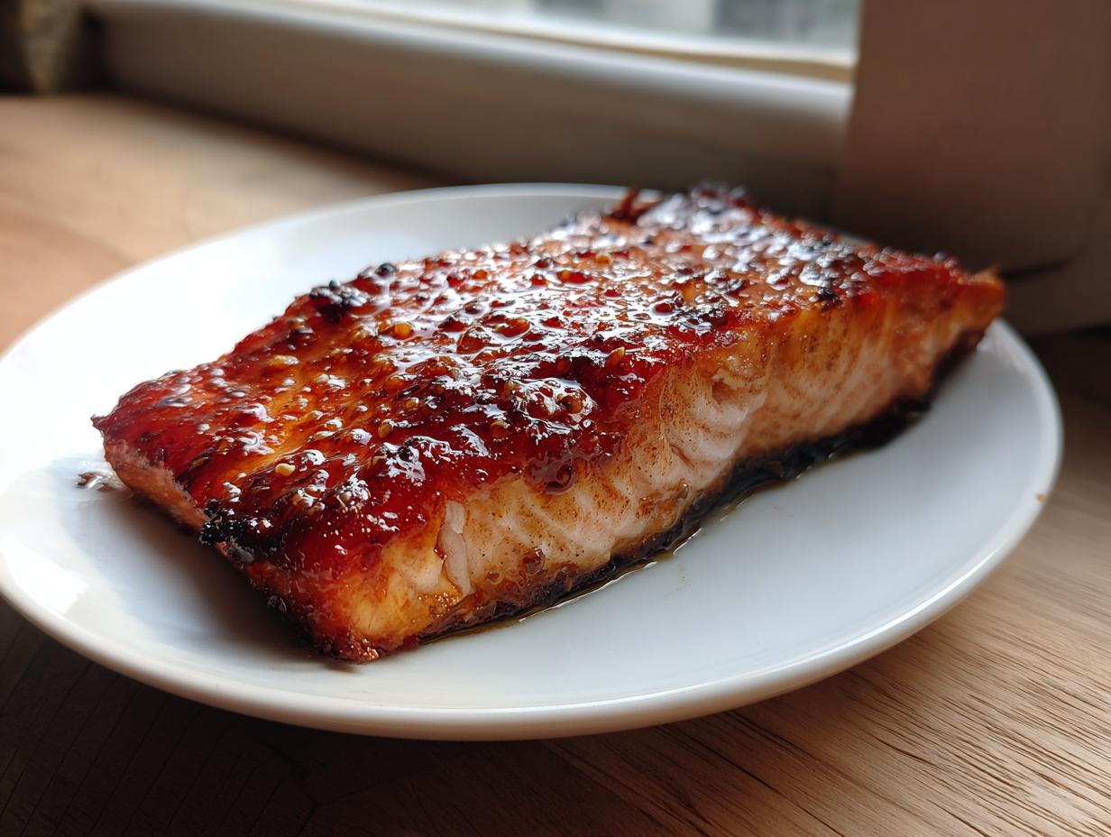 Close-up of a perfectly cooked, glazed salmon fillet served on a white plate, ready for a baked salmon recipe.