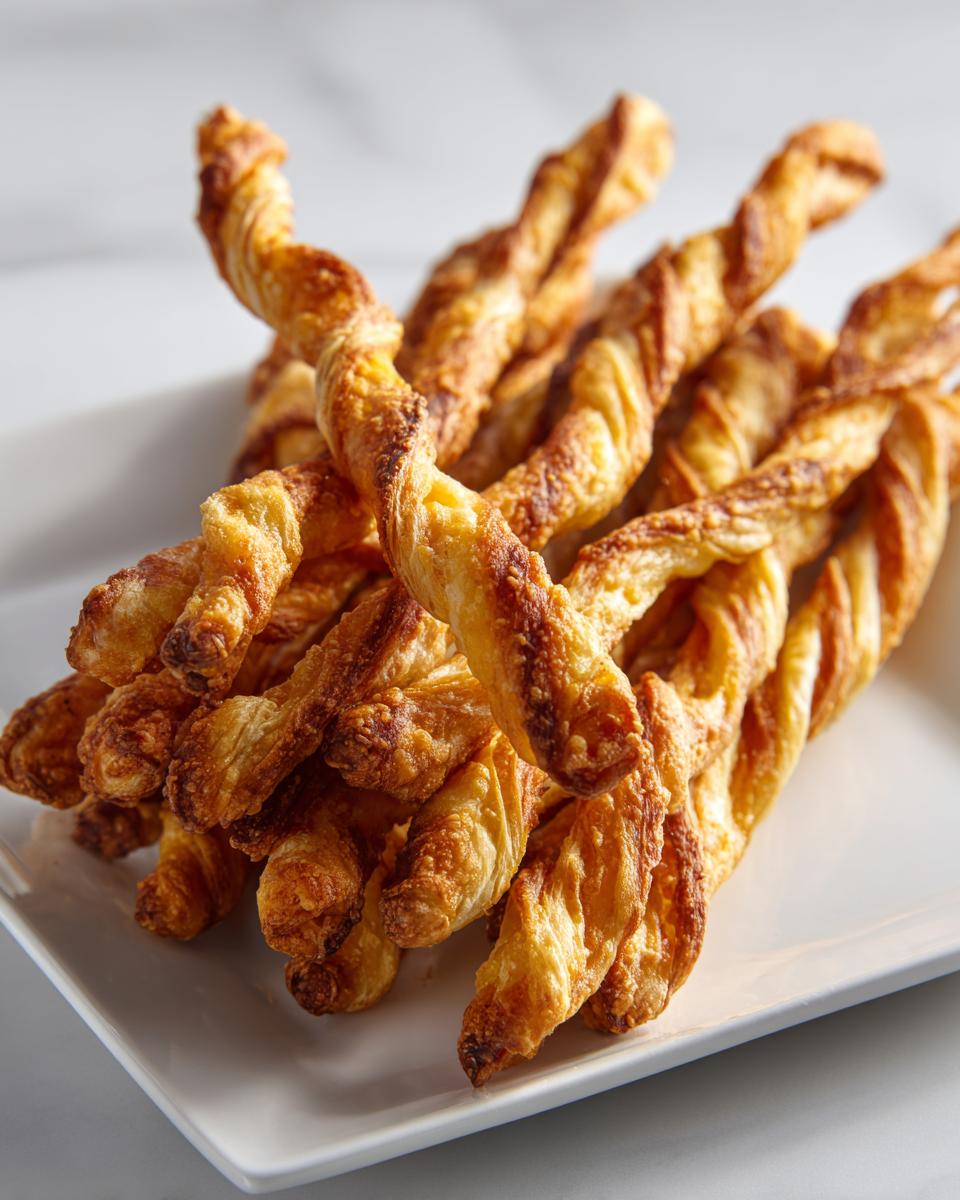 A pile of freshly baked, golden brown, flaky cheese straws recipe twists on a white rectangular plate.