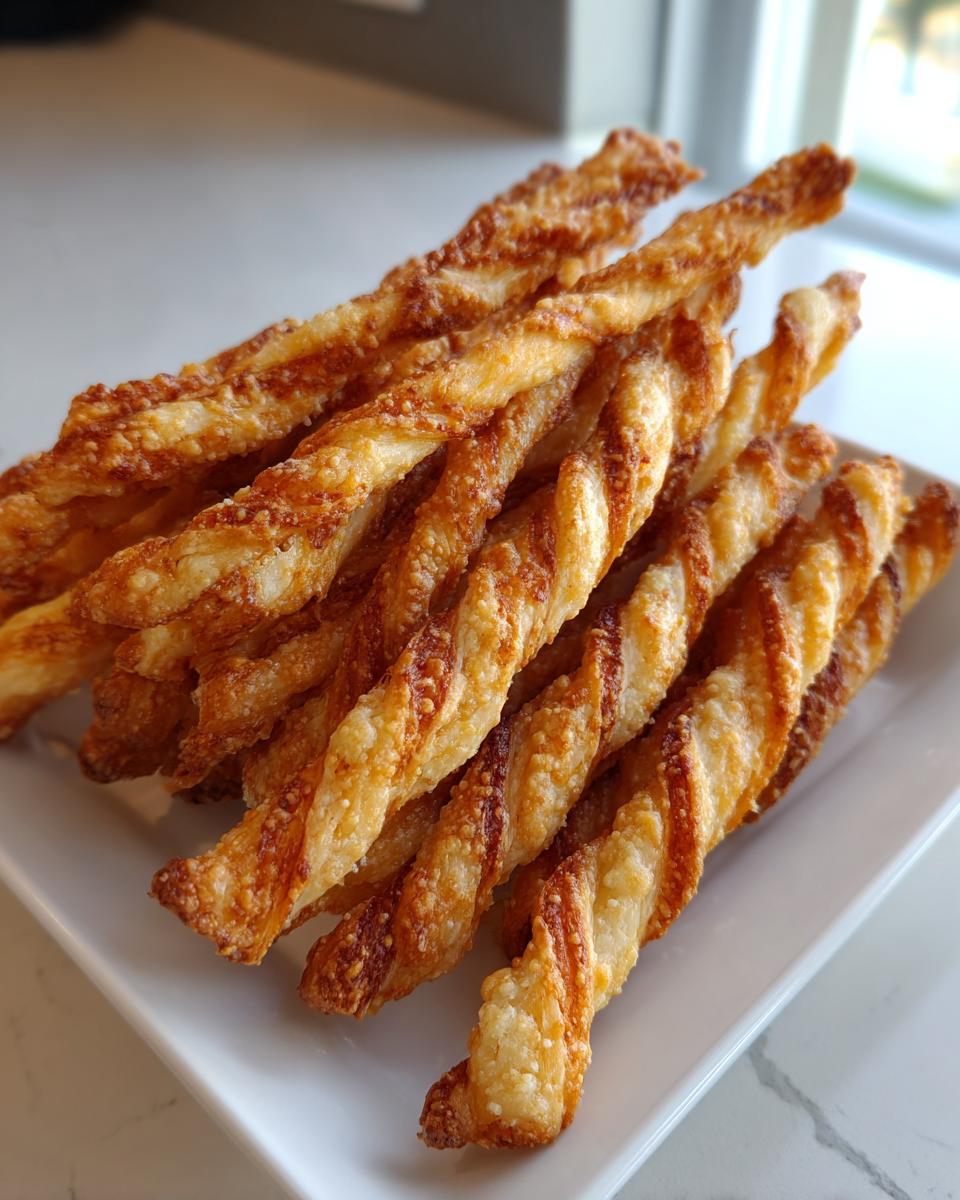 A pile of golden brown, flaky, twisted cheese straws recipe snacks served on a square white plate.