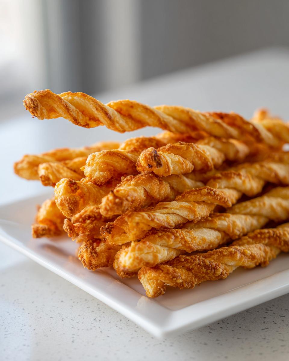 A pile of golden, flaky, twisted cheese straws recipe snacks stacked on a modern white rectangular plate.