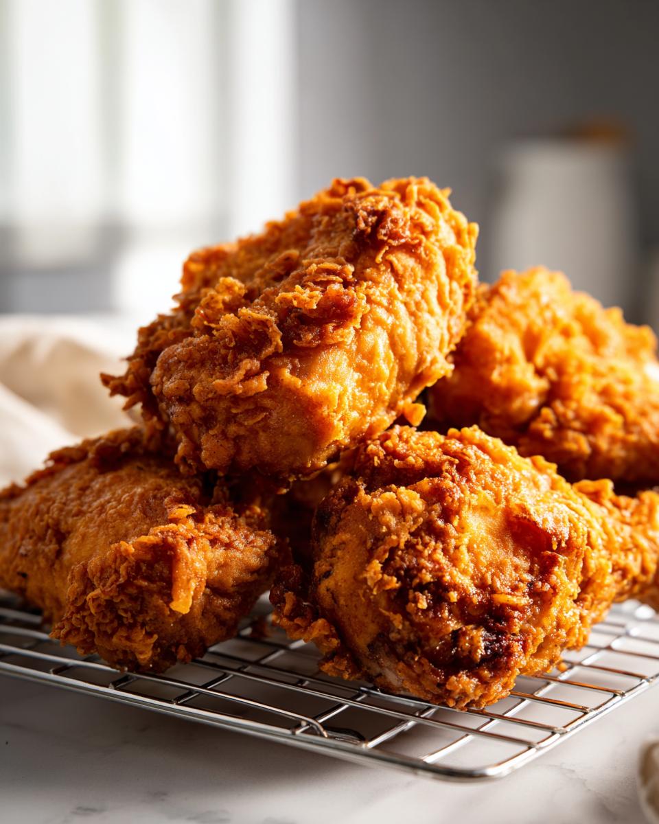 A close-up stack of golden brown, crispy fried chicken pieces resting on a wire cooling rack.