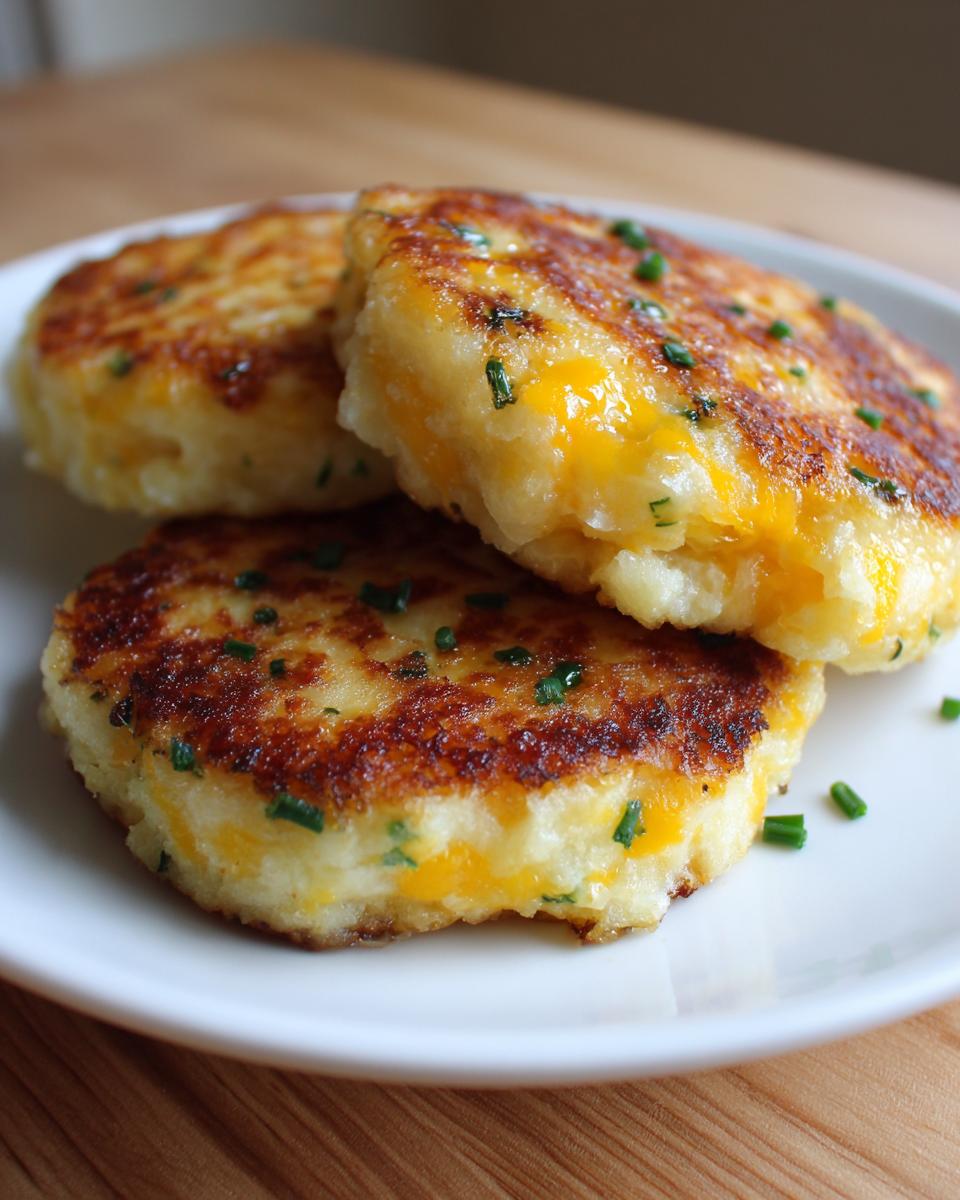 Three golden brown mashed potato cakes stacked slightly on a white plate, featuring melted cheddar cheese and chives.
