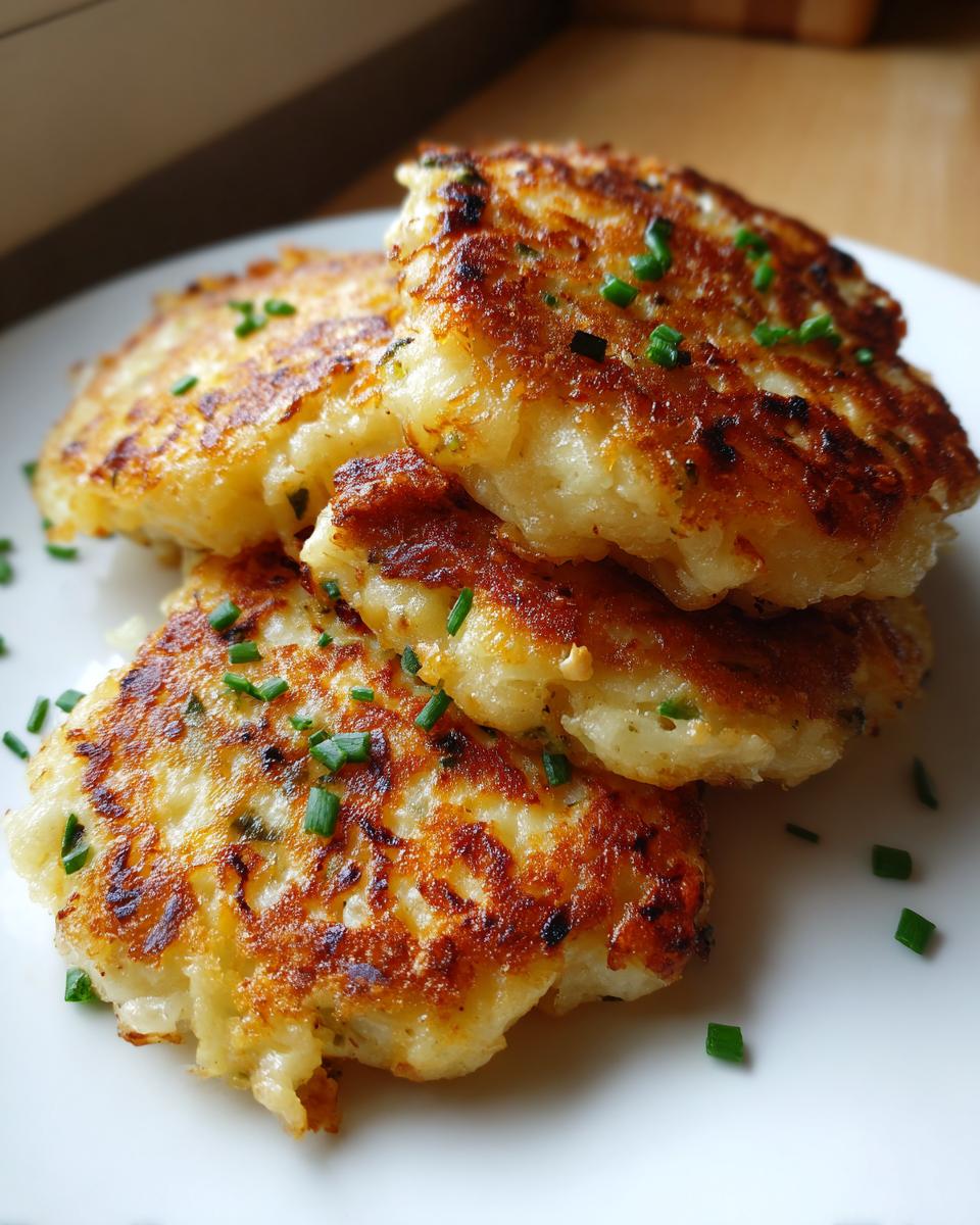 A stack of three golden brown, pan-fried mashed potato cakes garnished with fresh chives.