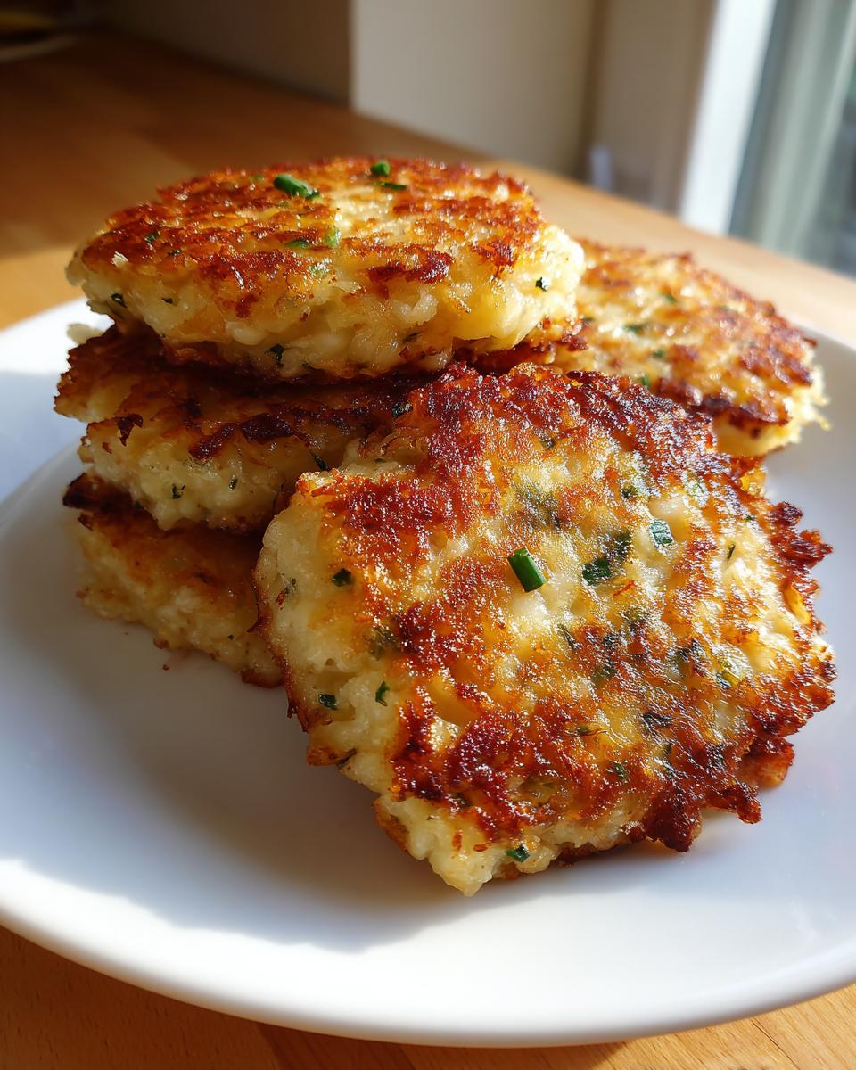 A stack of golden brown, crispy mashed potato cakes garnished with chives, ready to eat.
