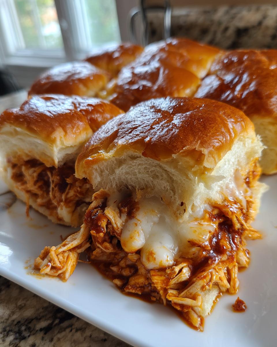 Close-up of a gooey, cheesy bbq chicken sliders sandwich cut in half, showing shredded chicken in sauce.