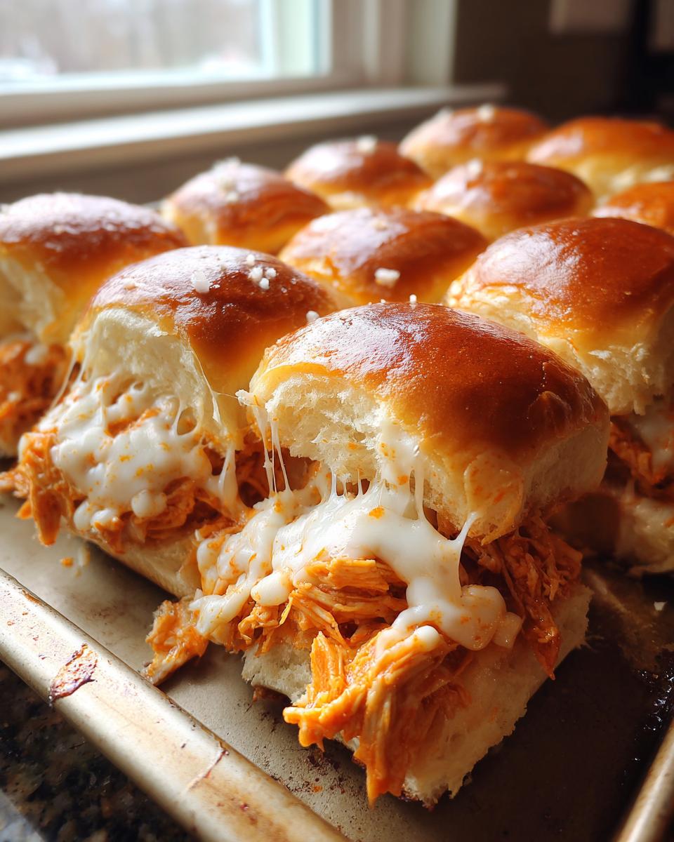 Close-up of gooey, cheesy buffalo chicken sliders with shiny, glazed tops on a baking sheet.