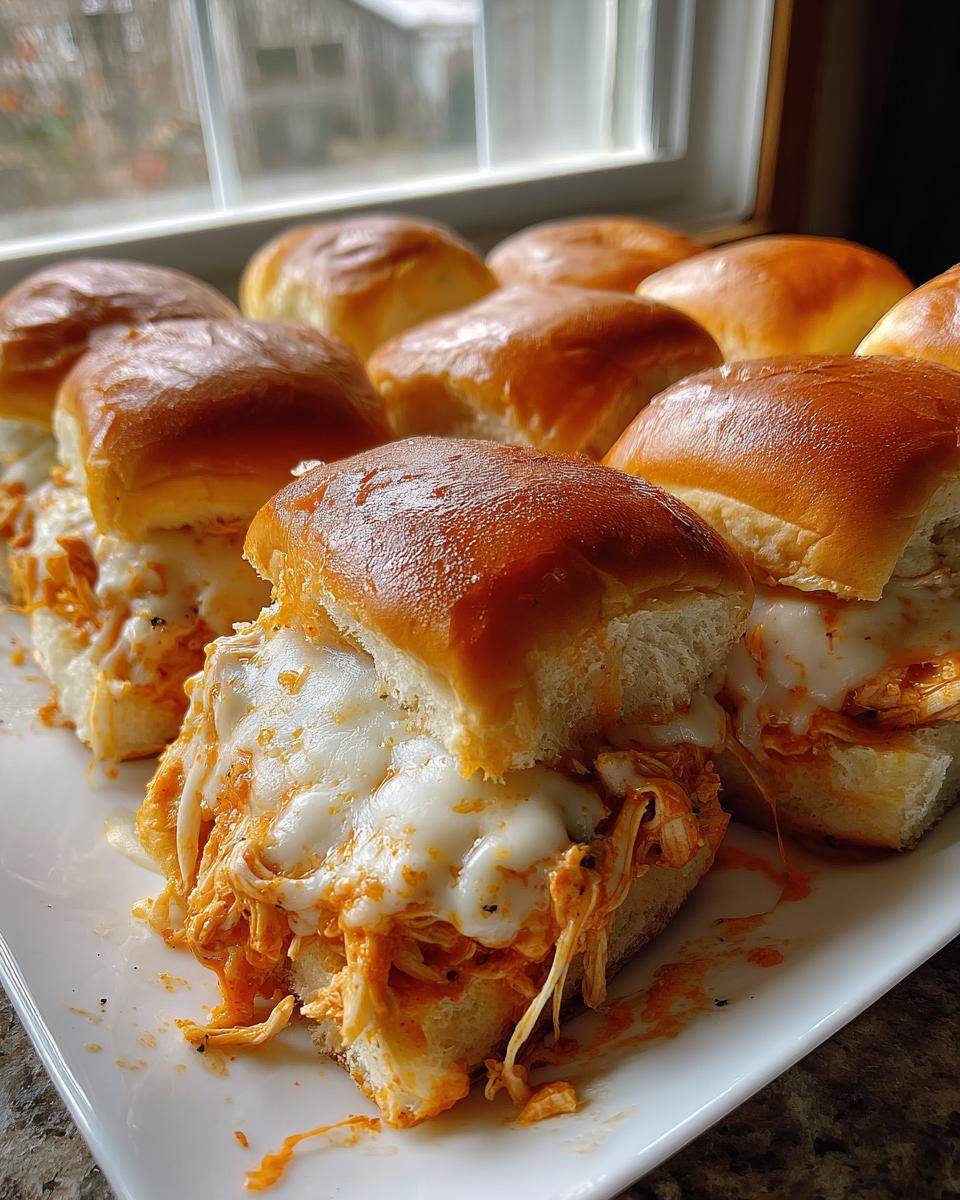 Close-up of several gooey buffalo chicken sliders topped with melted white cheese on a white platter.