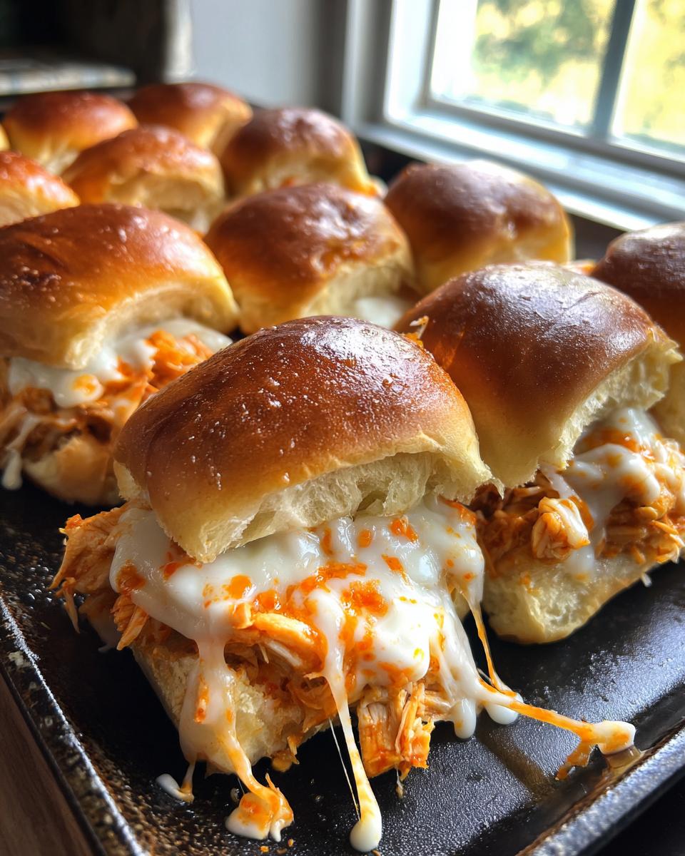 Close-up of several gooey buffalo chicken sliders topped with melted white cheese dripping down the sides.