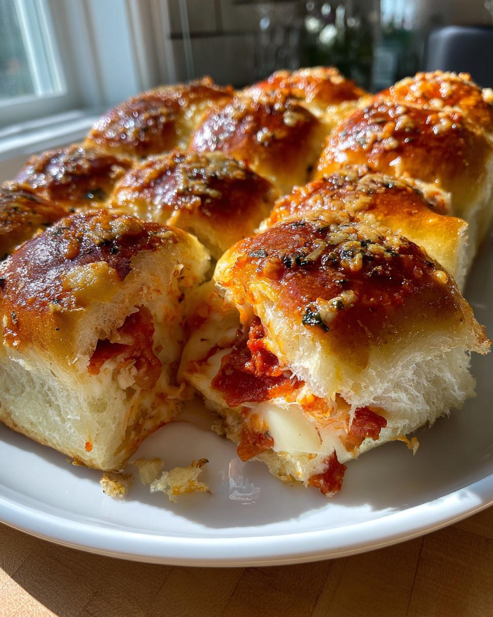 Close-up of gooey pizza sliders pulled apart, showing melted mozzarella and pepperoni filling.