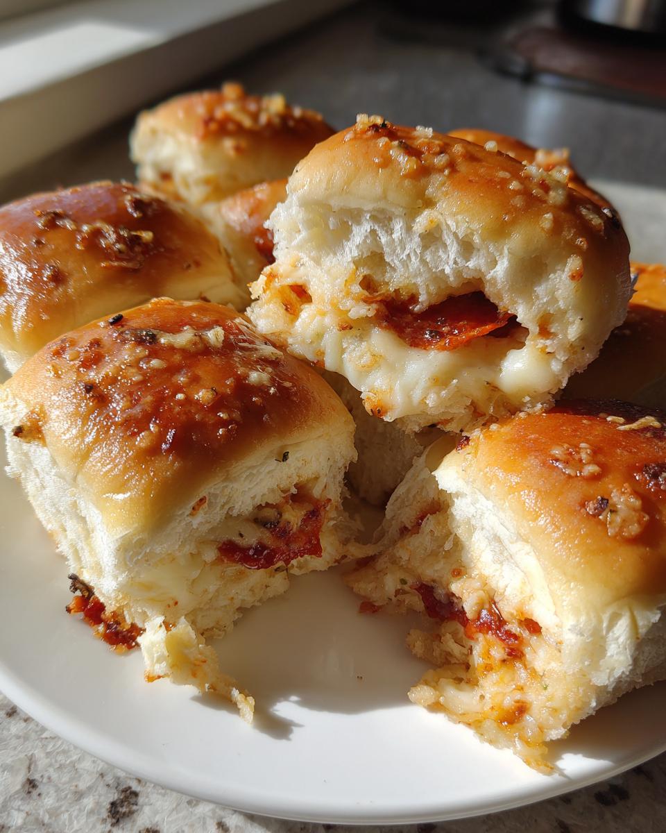 Close-up of several gooey pizza sliders piled on a white plate, showing melted cheese and pepperoni filling.
