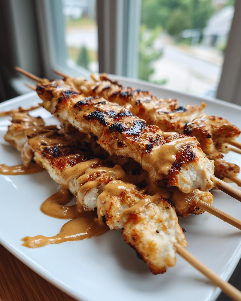 Close-up of grilled chicken satay skewers drizzled generously with creamy peanut sauce on a white plate.