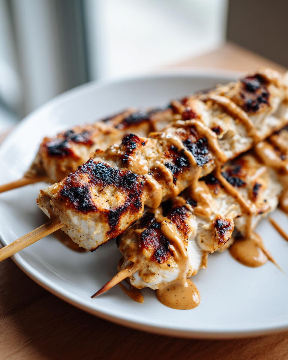 Close-up of grilled chicken satay skewers drizzled generously with creamy peanut sauce on a white plate.