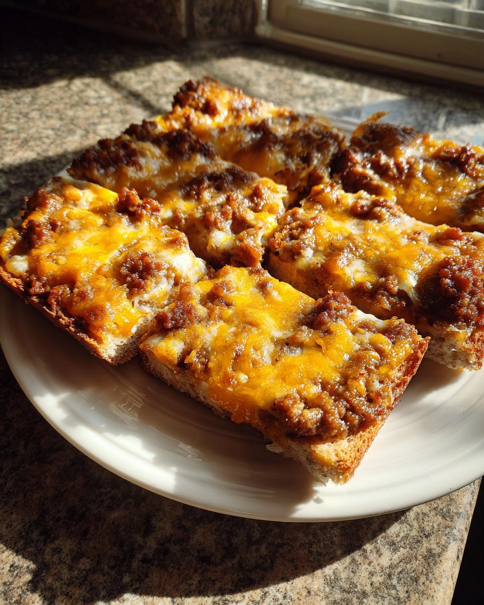 Close-up of several pieces of bread topped with savory meat mixture and melted cheddar cheese from the hanky panky recipe.