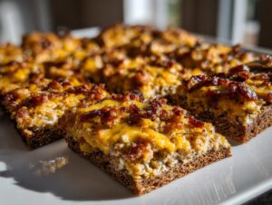 Close-up of several squares of the hanky panky recipe, featuring a dark bread base topped with melted cheese and crispy bacon bits.