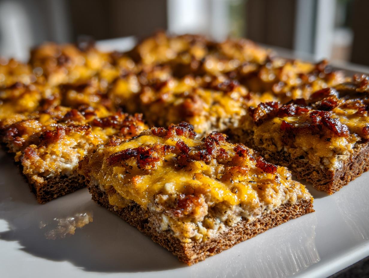 Close-up of several squares of the hanky panky recipe, featuring a dark bread base topped with melted cheese and crispy bacon bits.