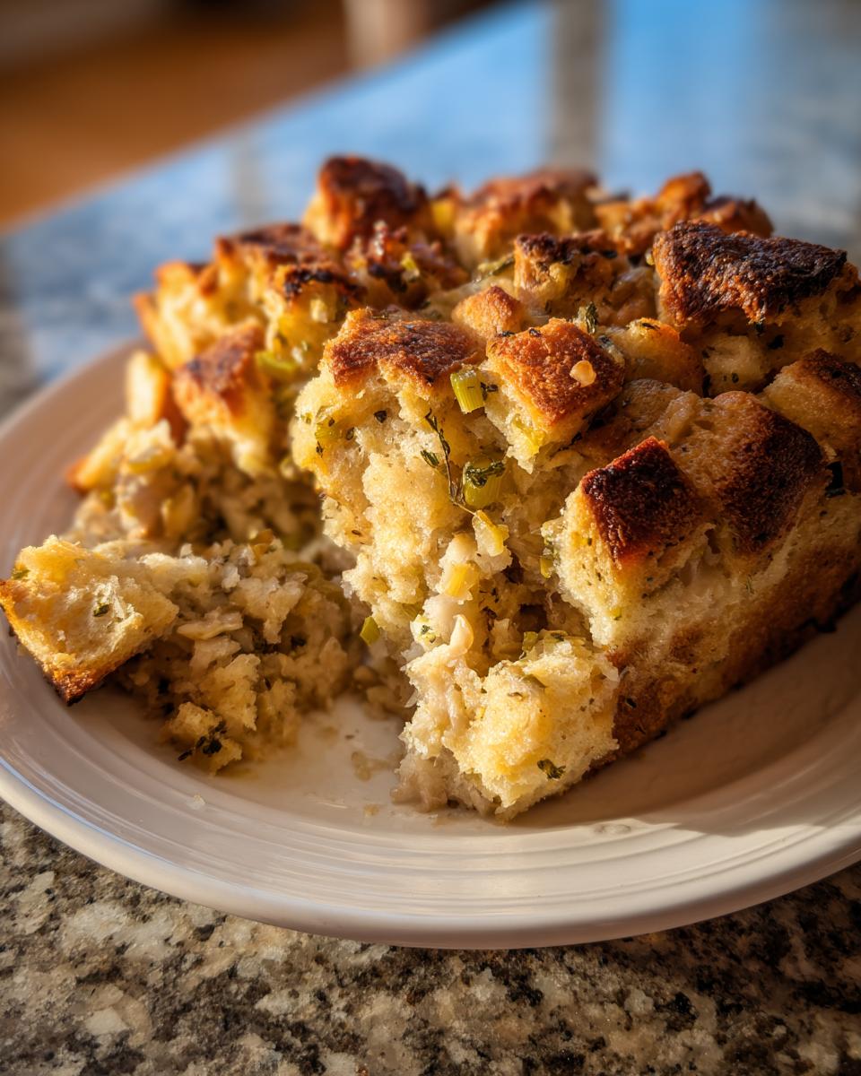 A close-up of a serving of light, fluffy stuffing with a golden, crispy bread top on a white plate.