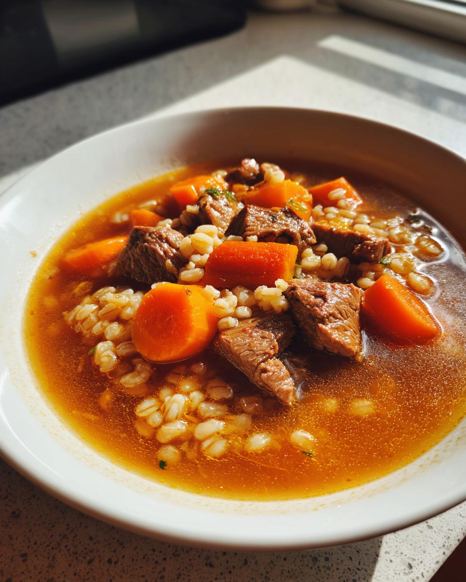 Close-up of a white bowl filled with rich broth, tender beef chunks, bright carrots, and barley in this delicious beef barley soup.