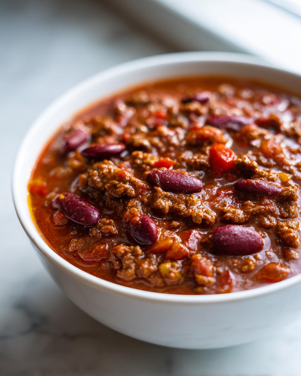 Close-up of a rich, savory bowl of homemade chili featuring ground meat and dark red kidney beans.