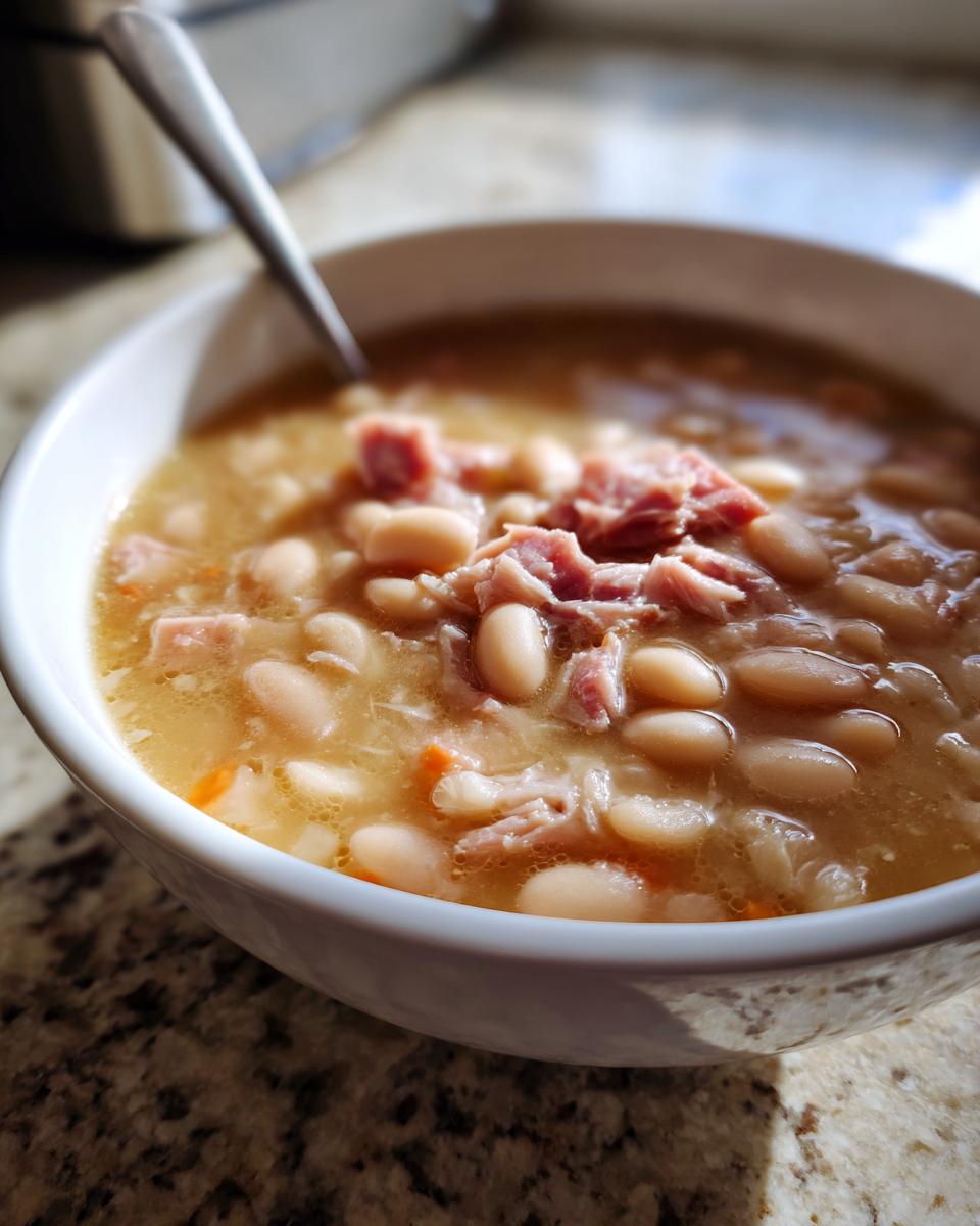 Close-up of a white bowl filled with rich navy bean soup topped with shredded ham, with a spoon resting inside.