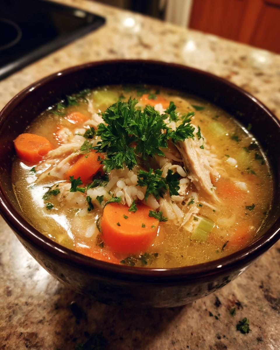 Close-up of a rich bowl of turkey soup, featuring shredded turkey, sliced carrots, rice, and fresh parsley garnish.
